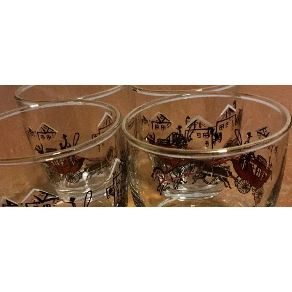 Vintage‎ 1950s Libbey Stagecoach & Horses Low Ball Glasses, Set Of 4, Gold Rim